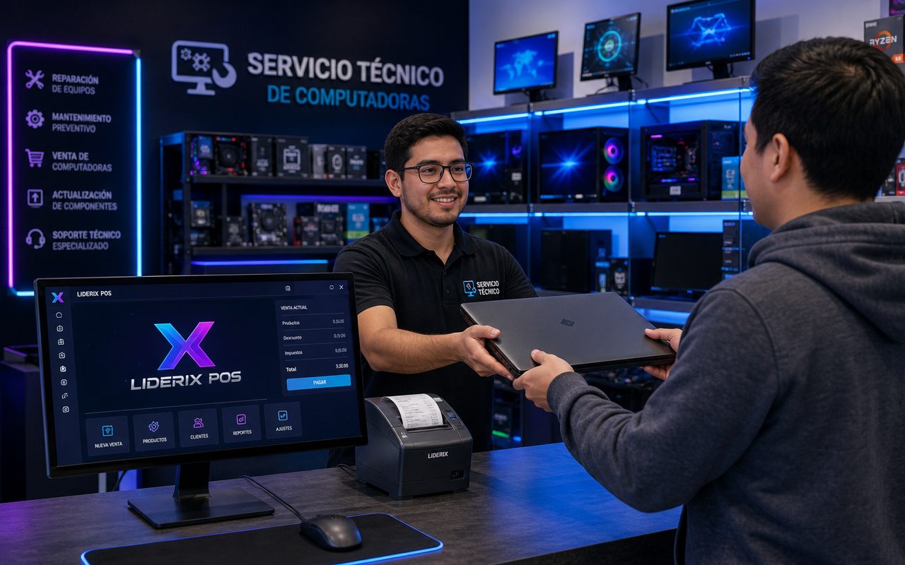 Servicio técnico de computadoras usando LIDERIX POS para recepción de equipos